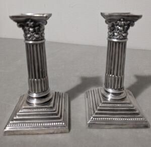 Antique Mappin & Webb Dwarf Corinthian Column Candlestick Holders Set of 2 Short
